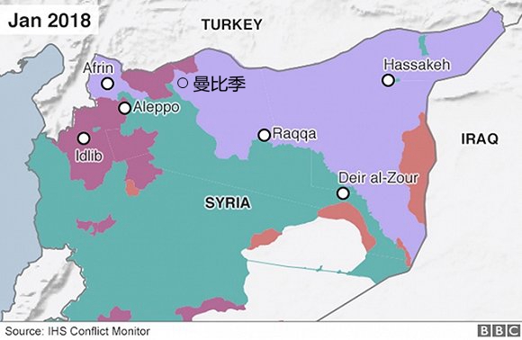绿色为叙利亚控制区,浅紫色为库尔德人控制区,橘红色为isis控制区