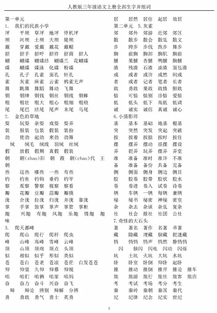 语文老师熬夜整理:1-6年级语文上册全册生字组词,超实用!