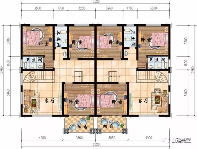 二层户型图:设有3卧室,2卫生间,客厅阳台