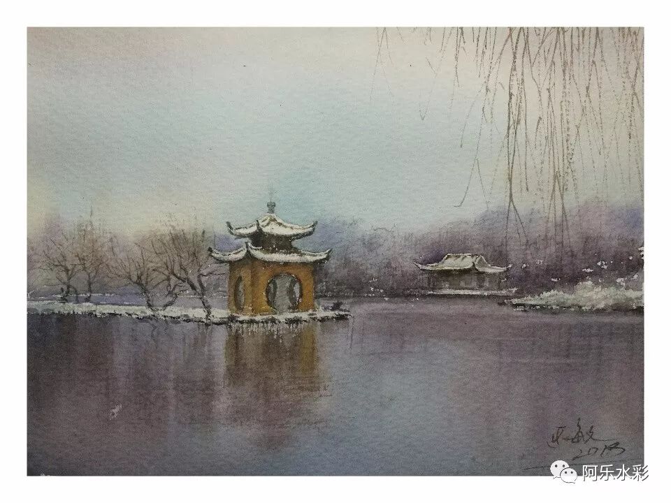 水彩小画—扬州瘦西湖雪景