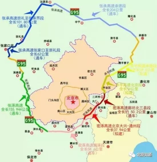 首都地区环线高速 河北境内除承平高速承德段(浅黄色)外全部建成通车