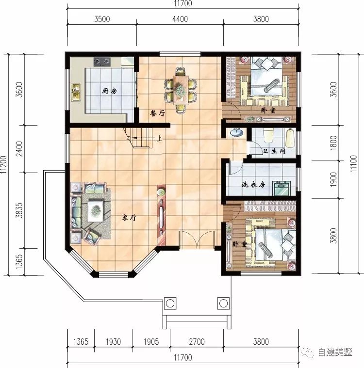 一层平面图:客厅,厨房,餐厅,2卧室,洗衣房,卫生间.