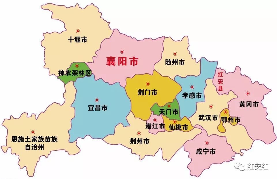 襄阳市与红安县,在湖北地图上相对位置
