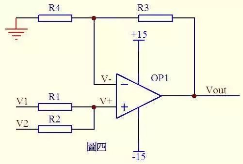 4)加法器2:代入a式,b式变为v1/r1   v2/r2 = vout/r3 如果取r1=r2=r3