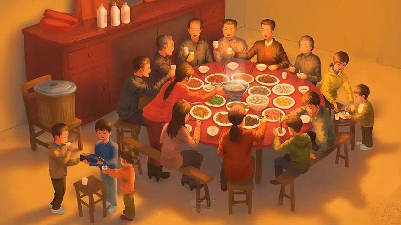 一大家人相聚一堂,共享天伦之乐, 一起吃的团圆饭.