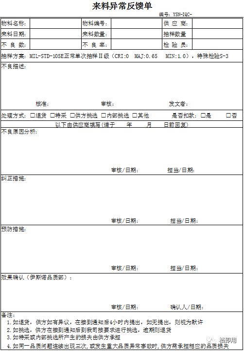 模板来料异常反馈单