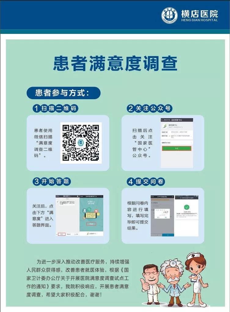 我院制作了医院满意度调查"二维码"宣传海报,放置于医院门诊大厅