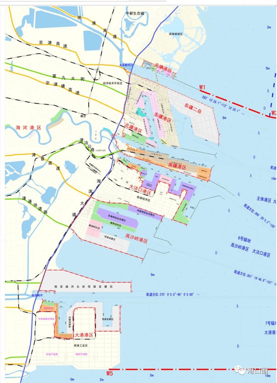 天津港的空间向"一港八区"拓展,形成北疆港区,东疆港区,南疆港区,大沽