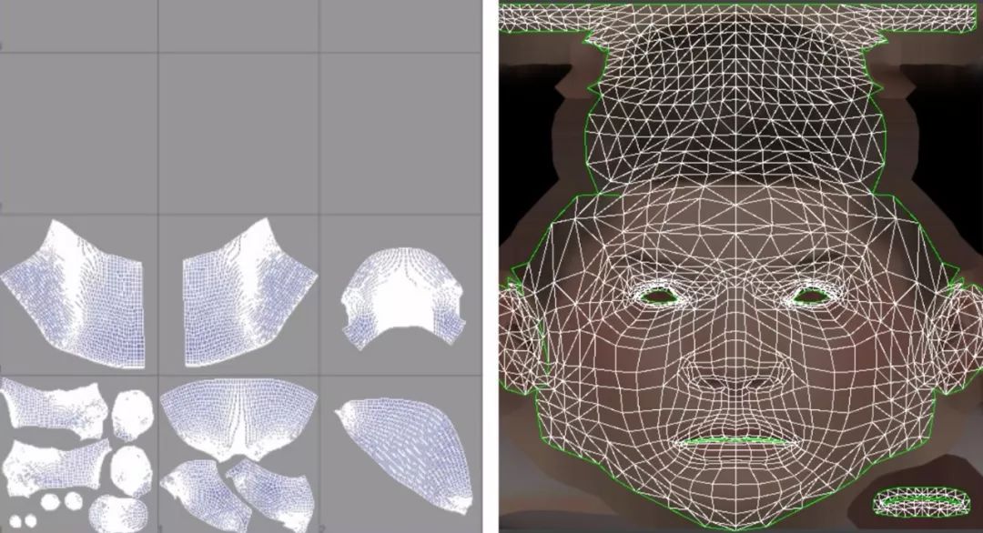 通常我会将角色脸部 uv 按照 4k 渲染镜头的需要来分成几块来摆放