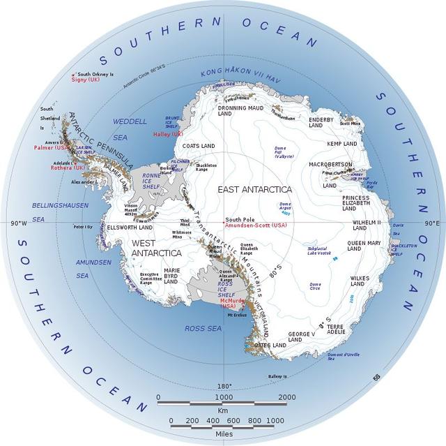 西南极洲包括南极半岛,玛丽·伯德地等,东南极洲包括科茨地,毛德皇后