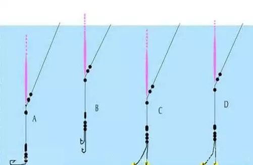 钓两饵钩在水下状态 6.钓单钩带饵调目的双钩状态 7