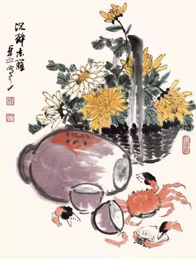 菊黄,蟹肥,酒美透着浓浓的诗意,浮想到篱边农舍,渊明醉酒的景象.