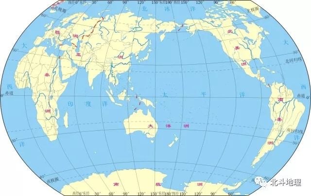 单看这句话可能不太直观,大家可以结合下面"全球海陆分布图",辅助记忆