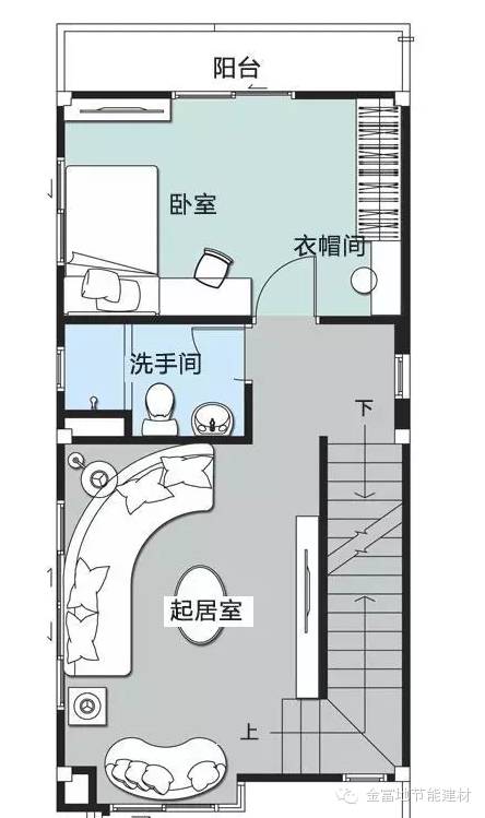 这套户型的宅基地尺寸为8x8米,采用四分