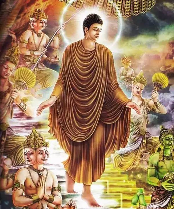 佛陀在天宫说法后,沿着天梯下返人间,众天神恭敬围绕.