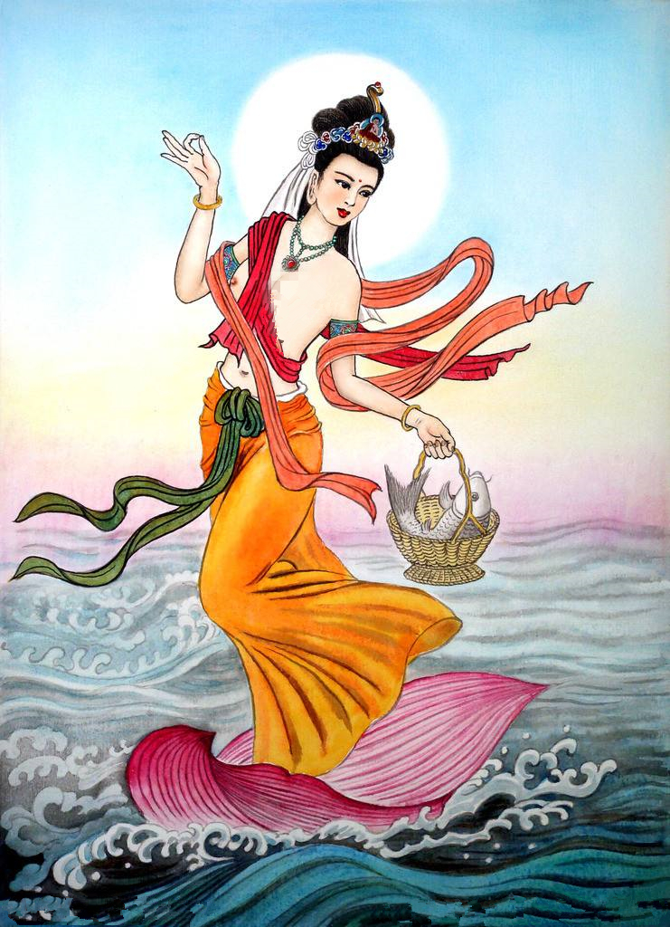 鱼篮观音脚踏鳌背,是一个手提盛鱼的竹篮或鱼篮的妇人,在西游记中第