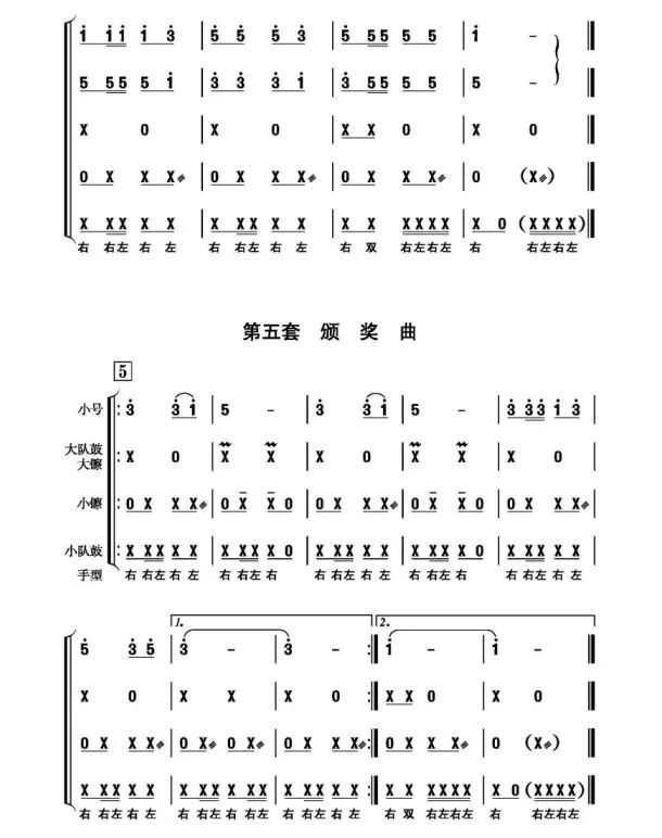 总谱共十套曲目,包括:开场曲,进行曲,出旗曲,退旗曲,颁奖曲,授巾曲