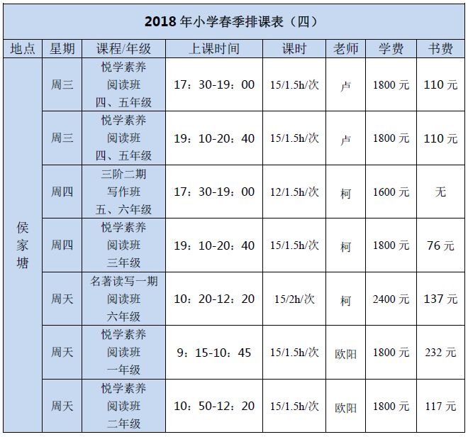 2018年小初寒春排课表 竞思悦学