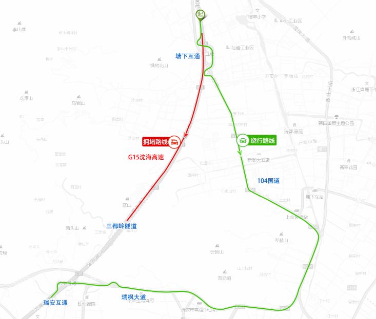 从塘下互通下高速,沿104国道-瑞枫大道行驶