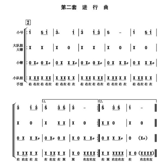 出旗曲,退旗曲,颁奖曲,授巾曲,检阅曲,宣誓曲,迎宾曲,欢送曲,间奏鼓