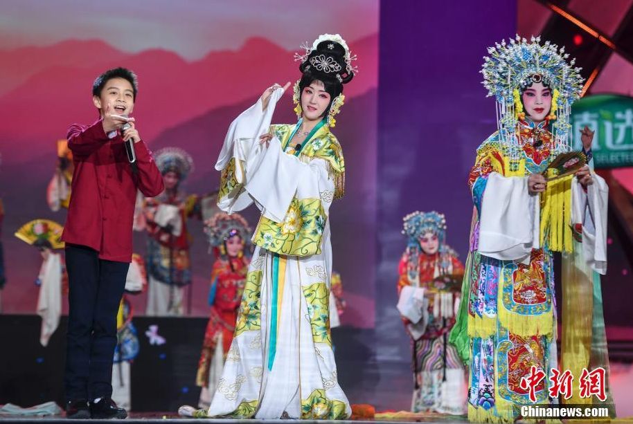 杨钰莹(中)与加拿大华裔王鸿翔(左一)表演戏曲《再遇梨花颂》