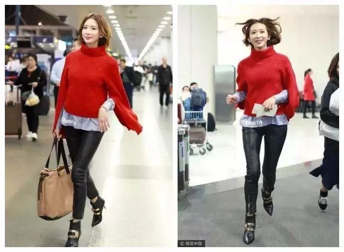 ella和林志玲都用袖子比较别致的红色毛衣搭配黑色小脚裤,这样可以