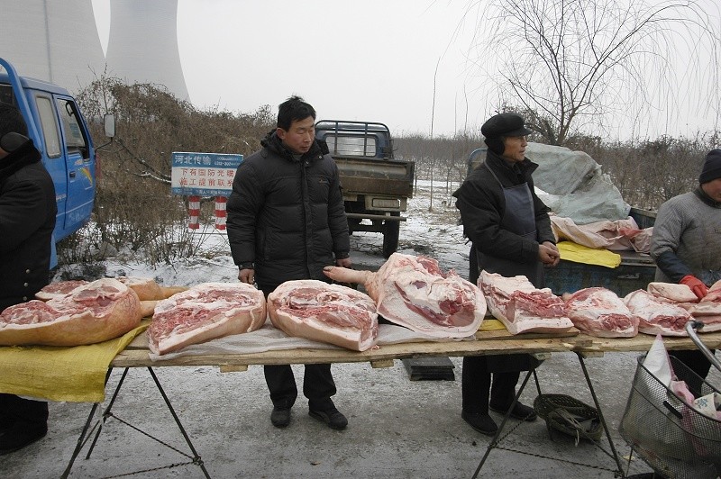 美食 正文  这个摊位上,右边那几块猪肉明显要肥得多,肥膘有三四指