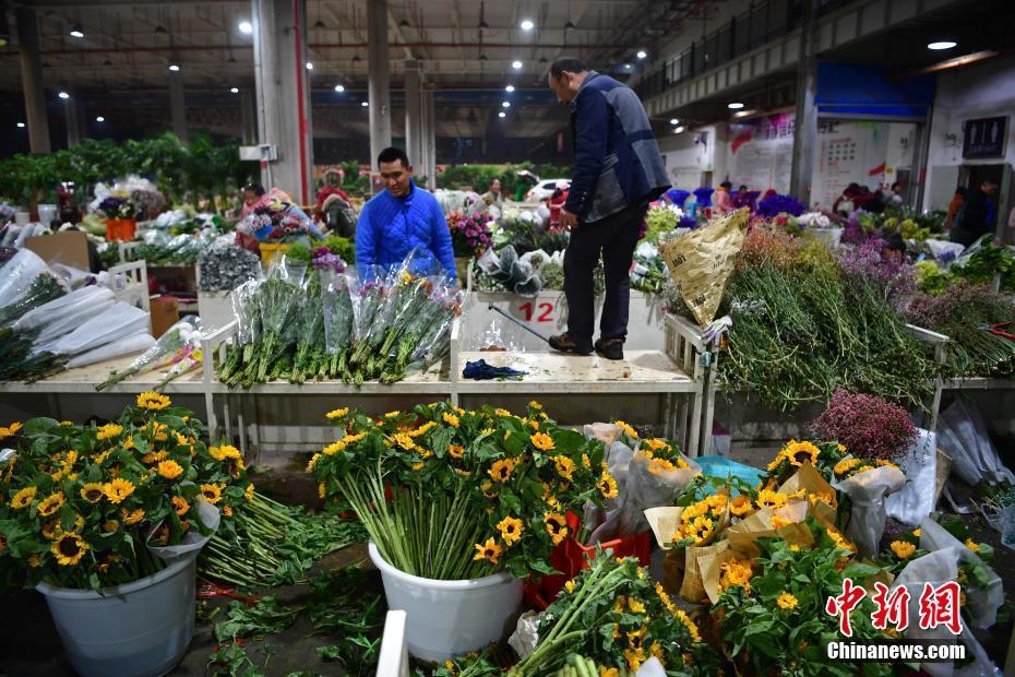 拍卖前,花商在昆明国际花卉拍卖交易中心挑选鲜花.