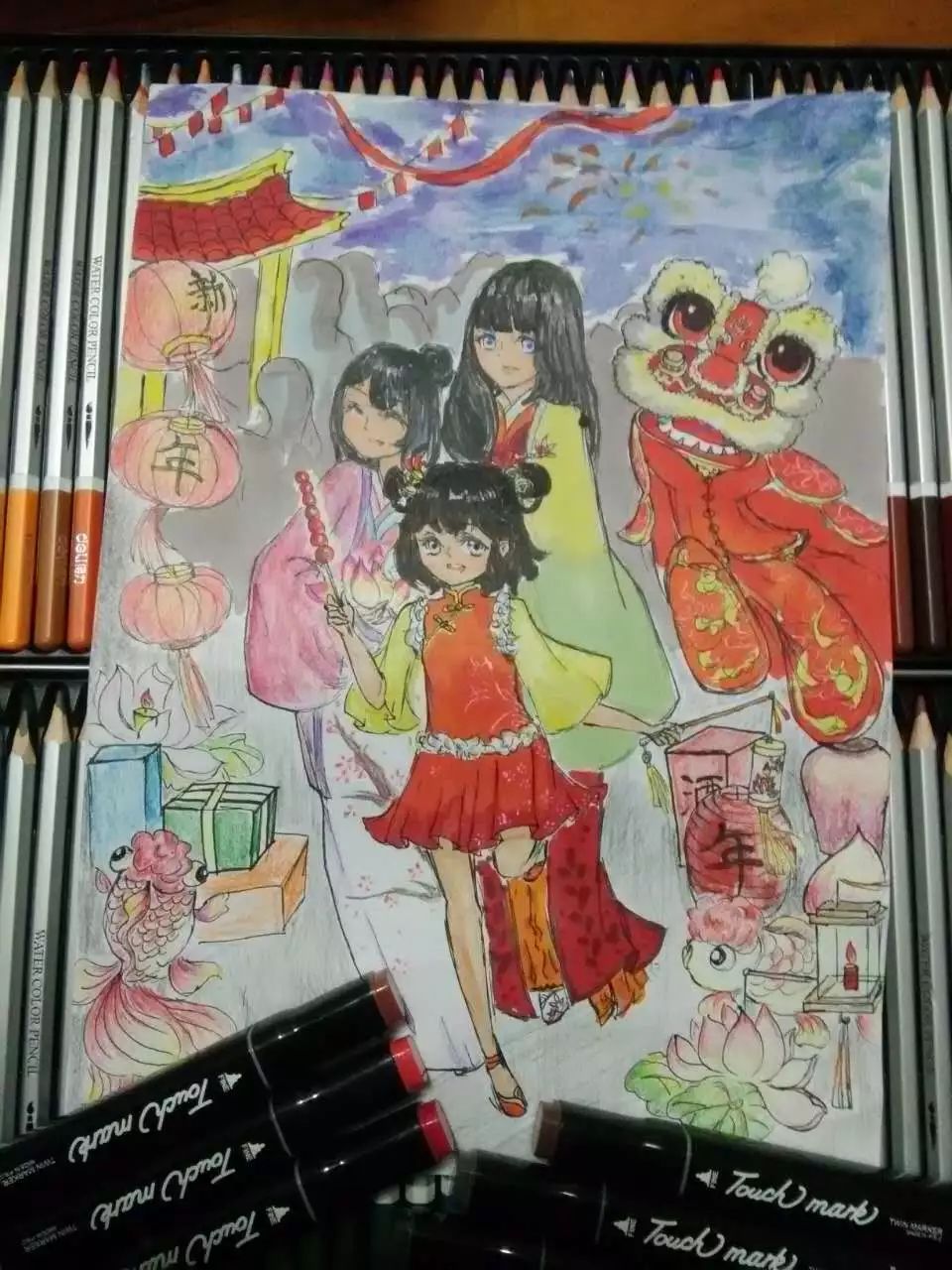 087 黄敏18岁作品名:《逛庙会》绘画工具:马克笔作品描述:记忆中春节