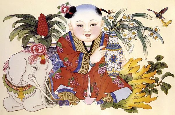 背面图案之一是中国民间茶馆,传统工艺窗格及中国传统民间年画造型