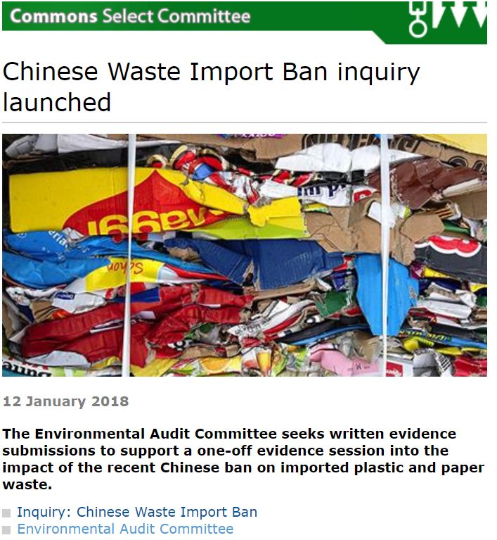 每经小编（微信号：nbdnews）注意到，今年1月12日，英国下议院环境监察委员会成立了特别调查小组，专门针对中国的洋垃圾禁令研究应变方案。