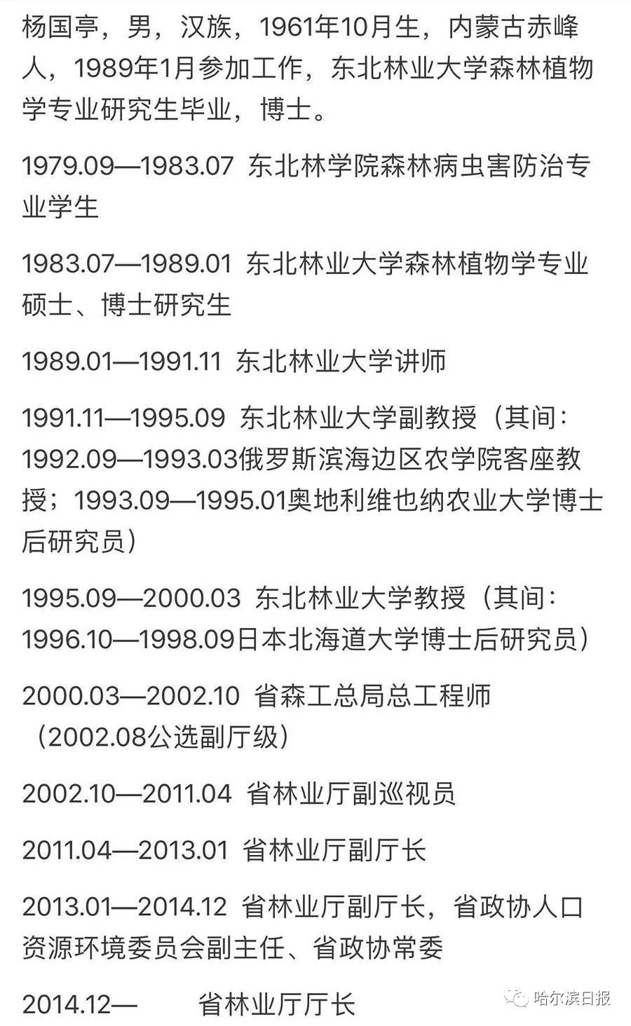 黑龙江省林业厅厅长杨国亭接受调查