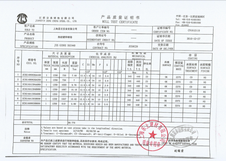 下面给大家展示一个乐上压型钢板厂家材质证明图