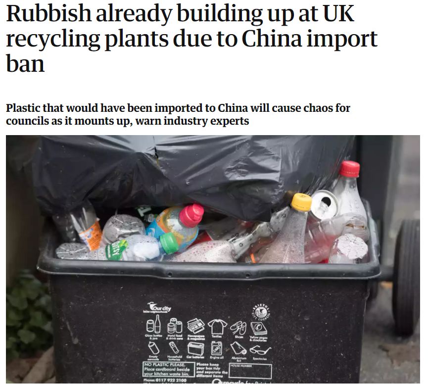 英国卫报报道，由于出口渠道被阻断，英国一些地方的垃圾堆积速度已经超过处理能力，塑料垃圾正在“堆积如山”。