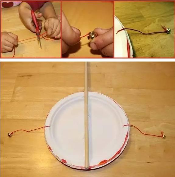教育 正文  准备材料:一次性纸盘,各色颜料,小铃铛两个,一次性筷子