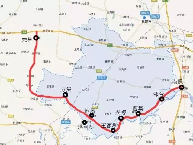 路面宽度21m,双向四车道,设计车速80km/h; 道路路线起点位于阜南县许