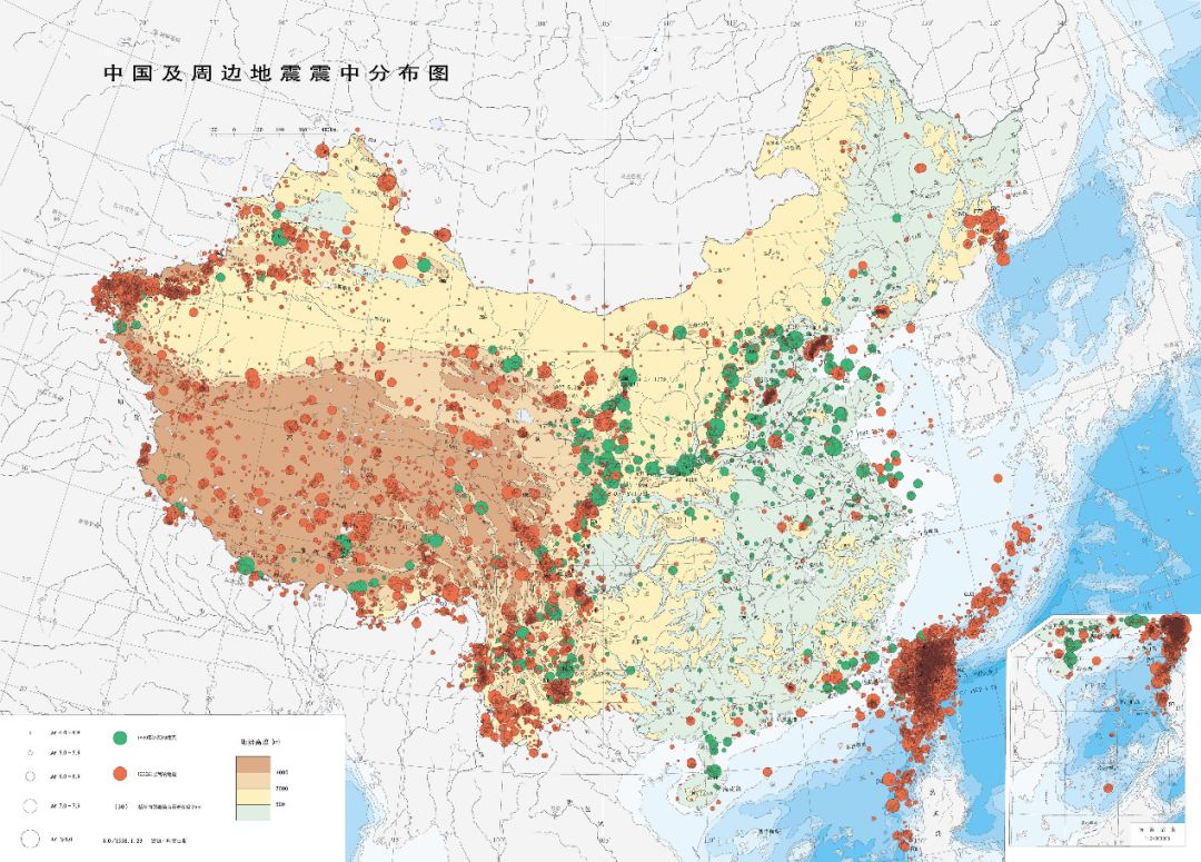 图8 中国地震分布图,图中绿色圆点是1899年以前地震,红色圆点是1900年图片