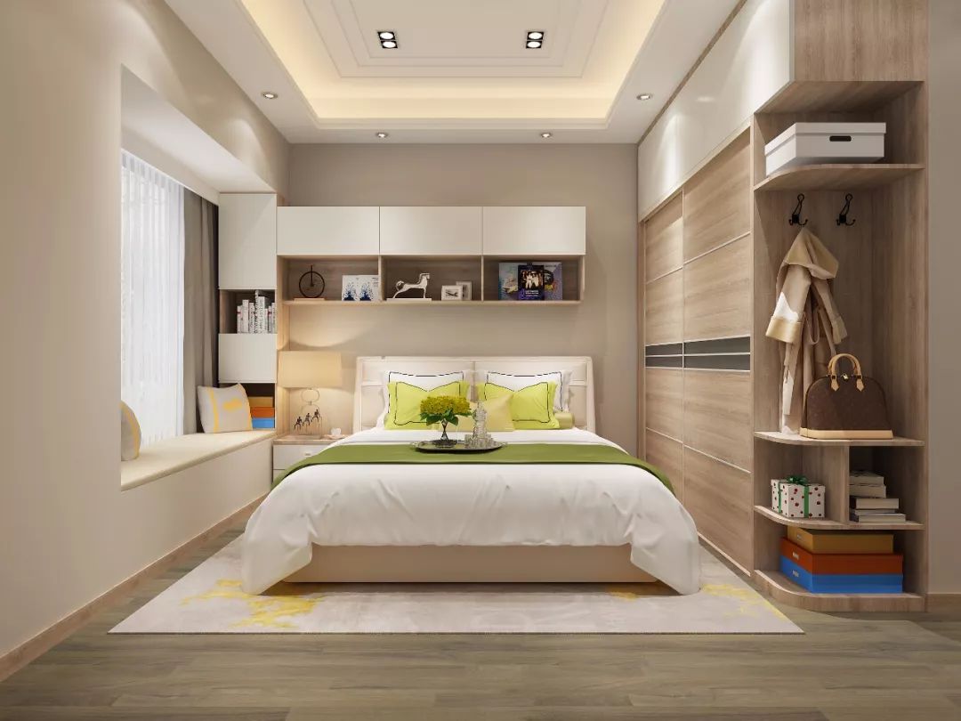 对于床头空间狭小的卧室,可以试试壁挂开放格,改为利用垂直面空间