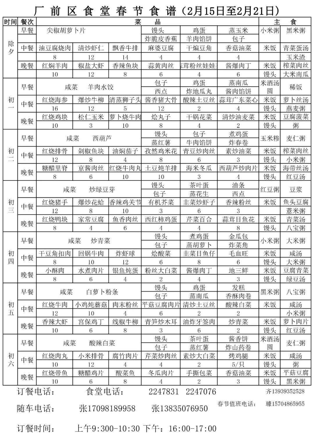 食堂一周食谱(2月15日除夕至2月21日初六)