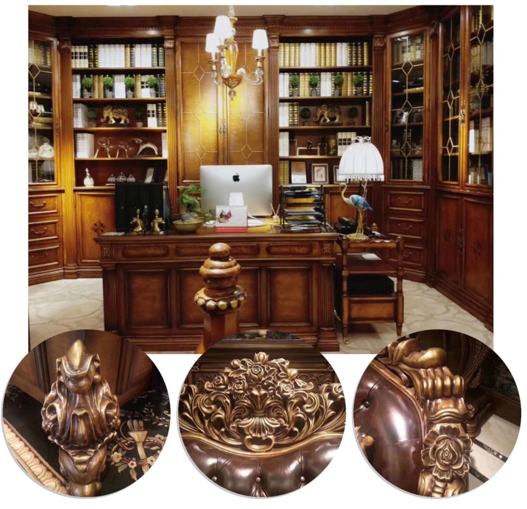 美国欧林斯家具的全屋定制空间中 肃立的橱柜,端方的书桌 桌沿的雕花