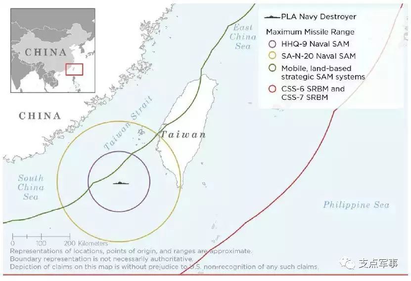 台海作战时中国可能使用的各型岸基和舰载导弹的覆盖范围