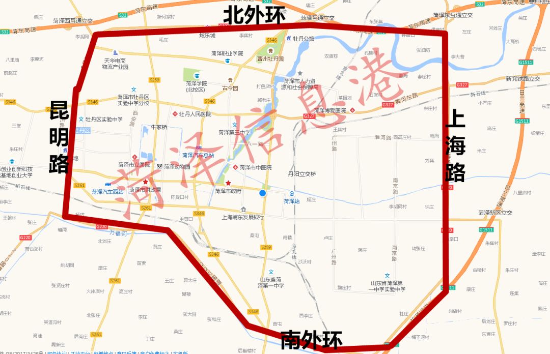 在我市城区,即 菏泽市区昆明路以东,上海路以西,北外环以南,南外环以