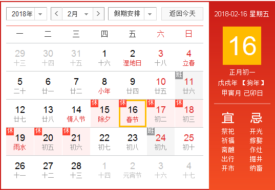 农历2018年春节的日期:2018年02月16日 星期五 (戊戌年(狗年)正月