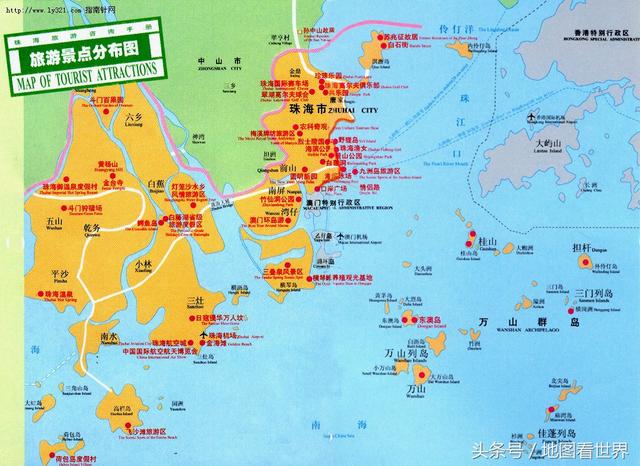 珠海市旅游景点分布图 珠海十景:圆明新园,东澳岛(丽岛银滩),唐家