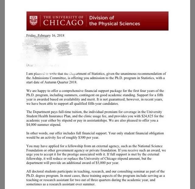 数学 学员拿到chicago 统计 phd offer 2017-18年度,芝加哥大学在us