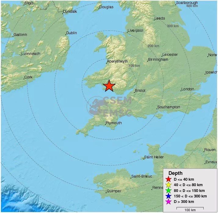 7级地震,震中在英国swansea斯旺西东北十四公里,考文垂和伯明翰地区有