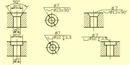 沉孔螺纹孔盲孔常见孔的尺寸注法(盲孔,螺纹孔,沉孔,锪平孔;倒角的