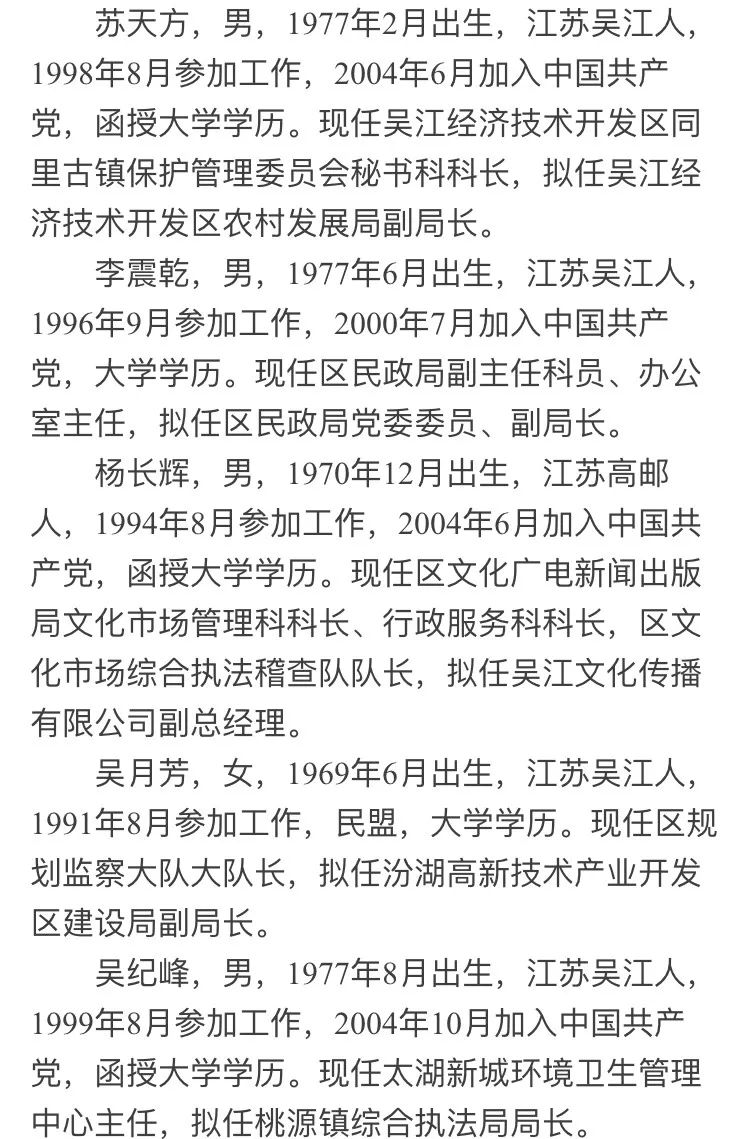 苏州市吴江区党政领导干部任前公示