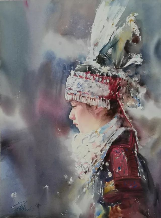 苗族姑娘 56x76cm 刘喜德水彩画风景 liu xide watercolour