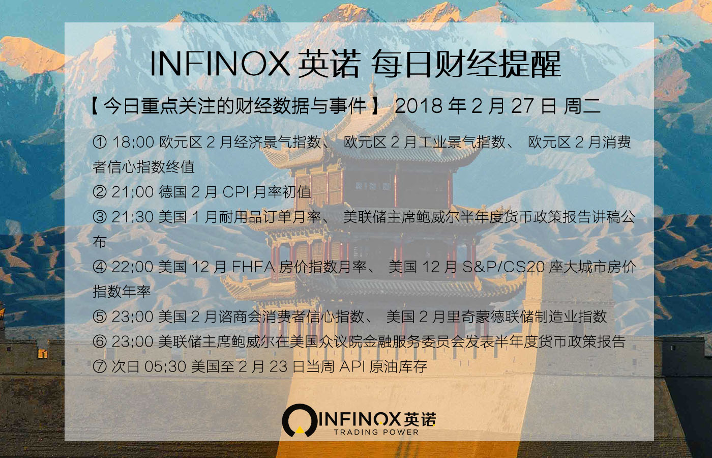 INFINOX英诺：2018年2月27日外汇财经热点及交易提醒